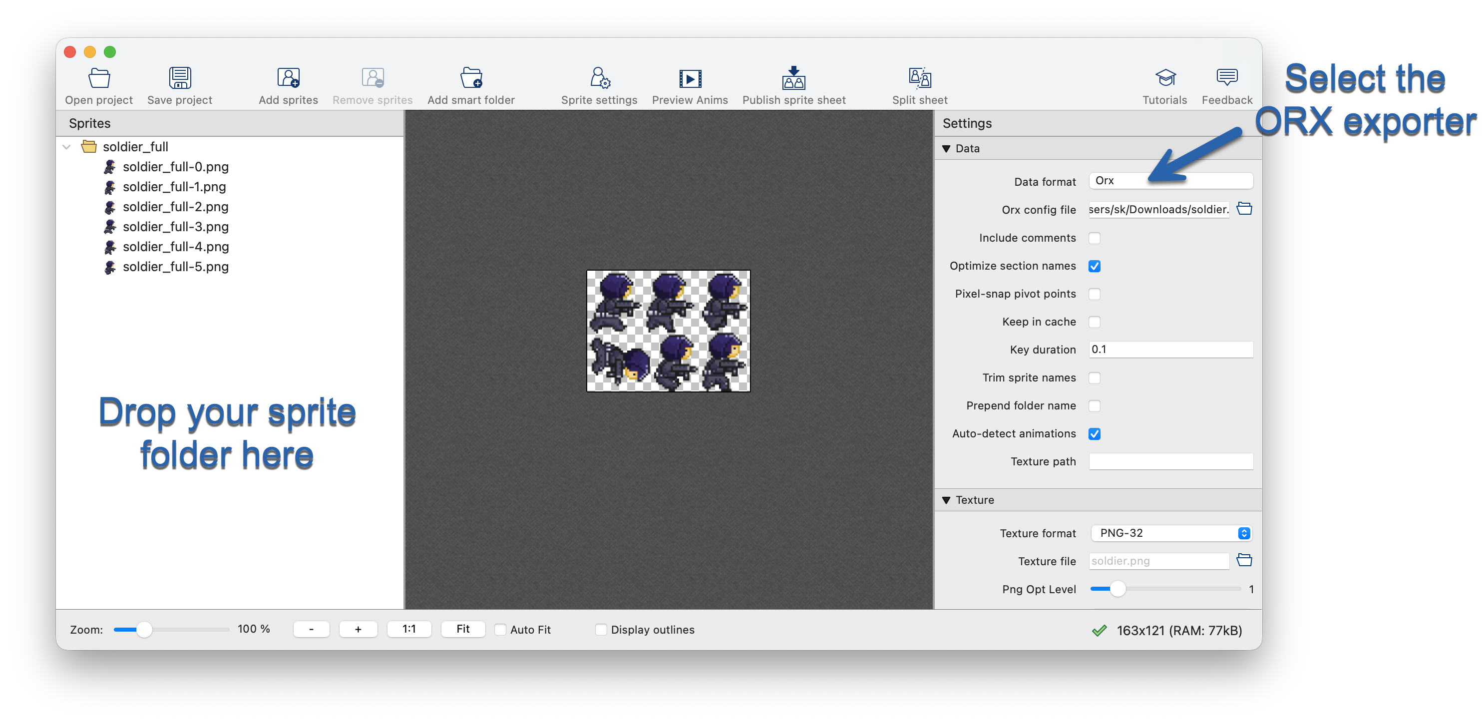 Creating sprite sheets for ORX with TexturePacker